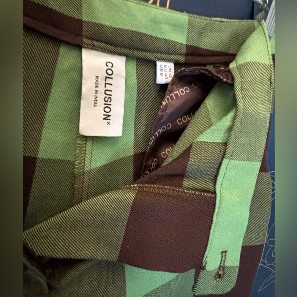 Asos COLLUSION plaid flare pants SIZE 8 Green/ brown - Picture 5 of 8